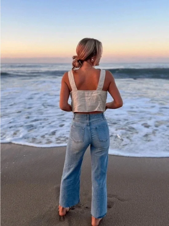 Oliver Logan Aberdeen Wide Leg Crop Jeans Womens Size 30 Blue High Rise Raw Hem - Picture 4 of 14